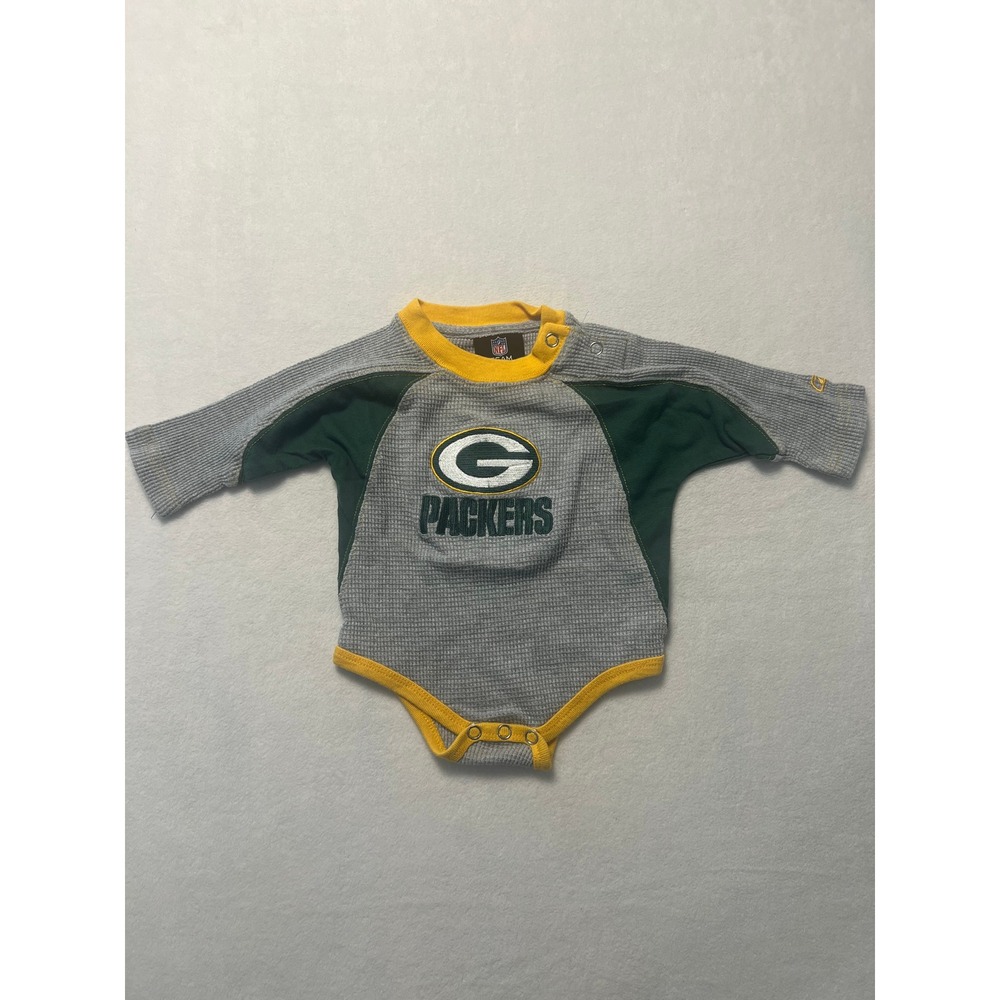 Reebok 3/6M Bodysuit NFL Green Bay Packers Grey Green Waffle Knit Long Sleeve